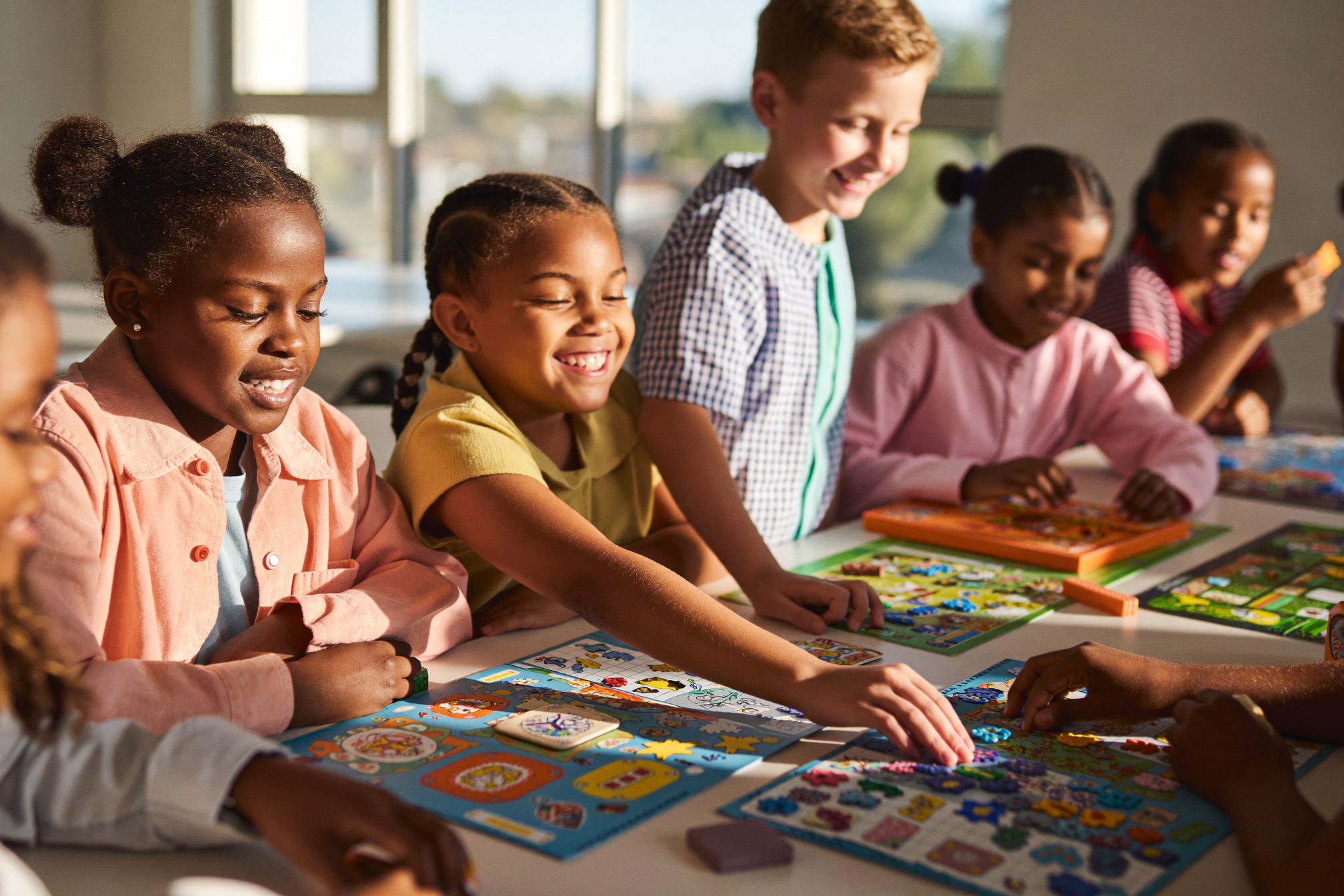 Children solving colorful puzzles and playing board games together